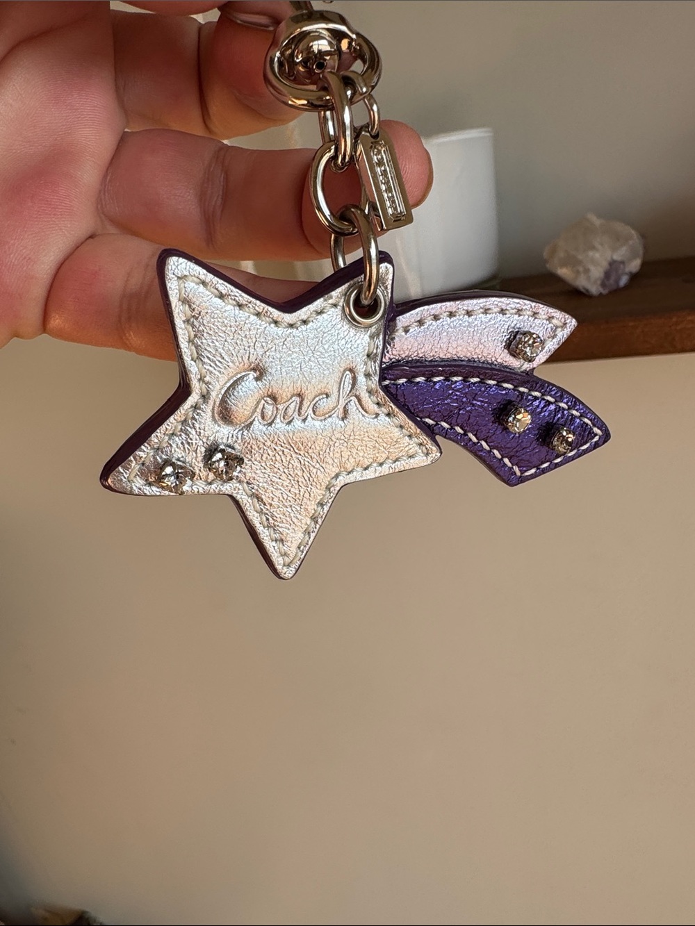 Coach Silver Star Keychain Rhinestone Charm with Purple & silver rainbow